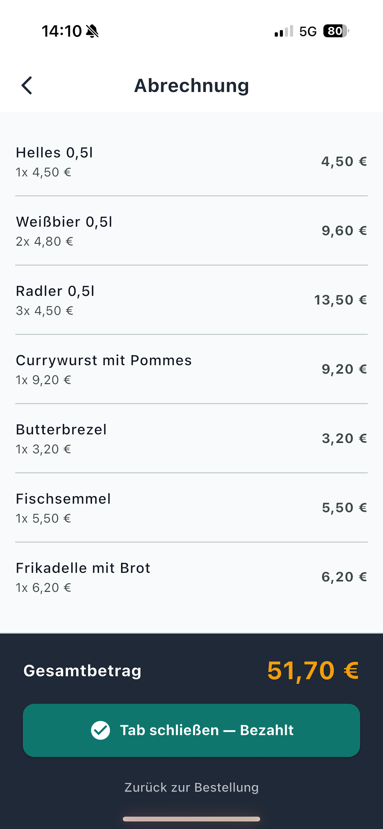 Abrechnungsansicht mit Positionen und Gesamtbetrag