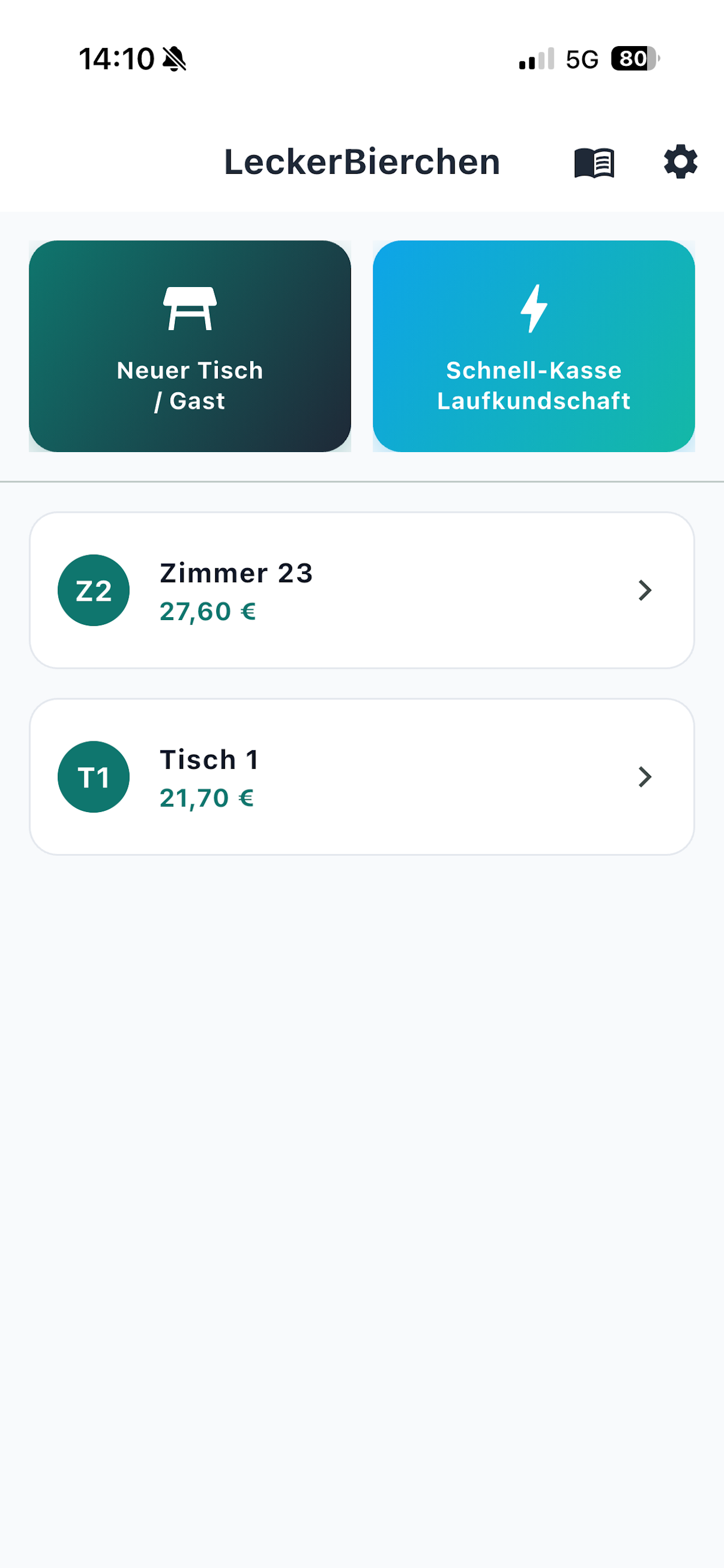 LeckerBierchen Startseite mit Tisch- und Schnellkasse-Ansicht