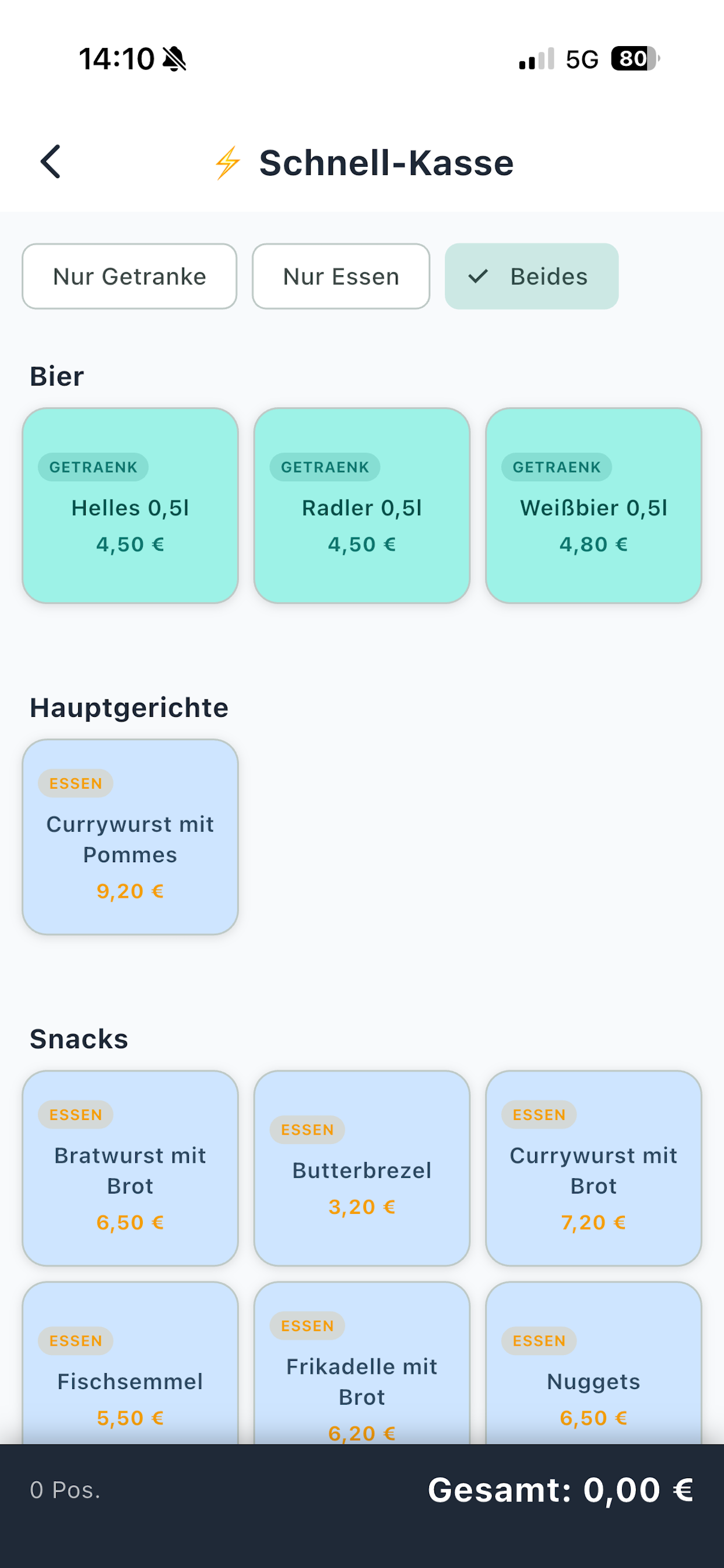 Schnell-Kasse mit Kategorien für Getraenke und Essen
